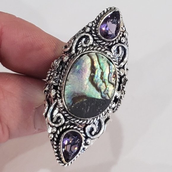 Hand Crafted Jewelry - Abalone shell, amethyst gemstone, 925 silver ring, Natural, vintage, antique